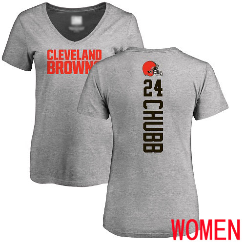Cleveland Browns Nick Chubb Women Ash Jersey #24 NFL Football Backer V-Neck T Shirt->women nfl jersey->Women Jersey